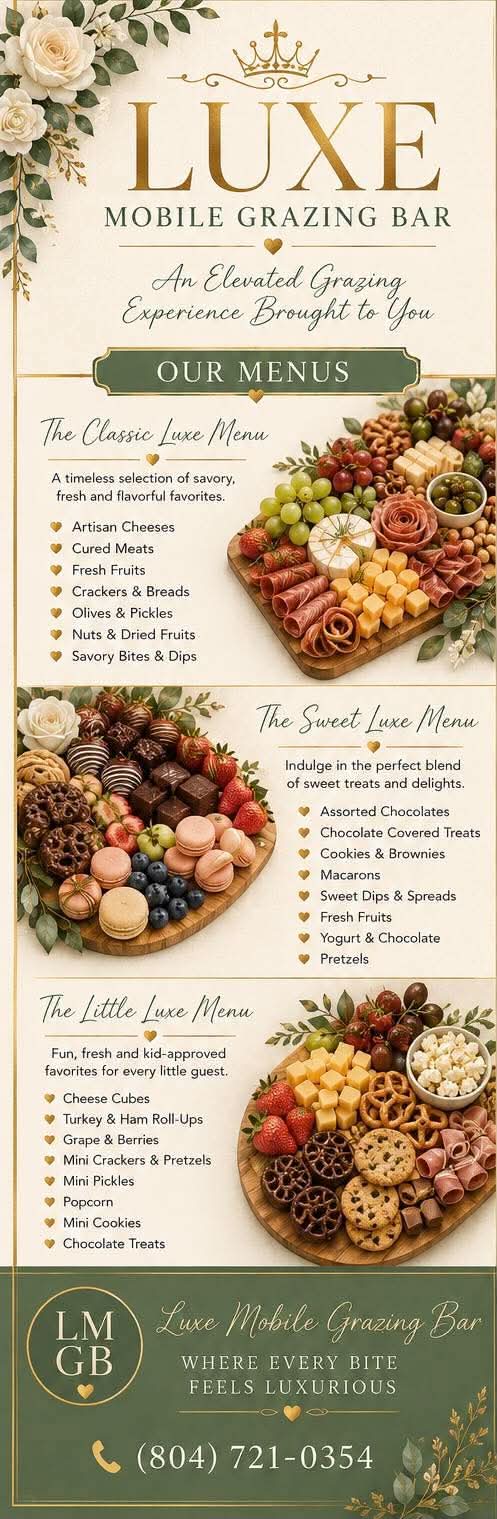 The full Luxe Mobile Grazing Bar menu flyer