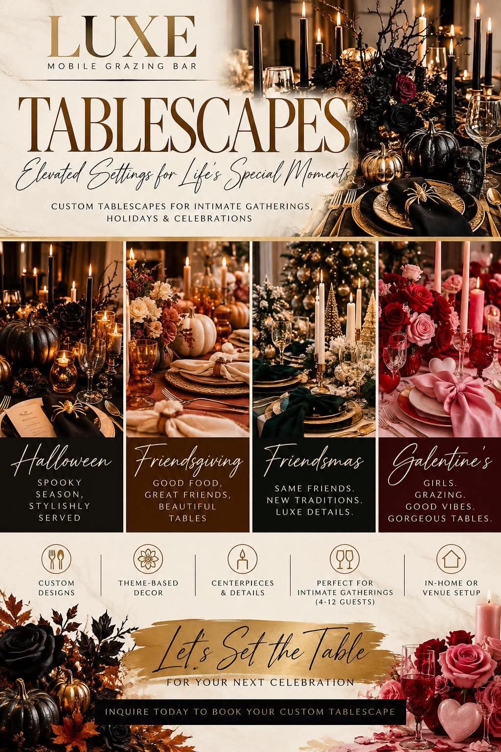 Luxe tablescapes flyer featuring seasonal table settings